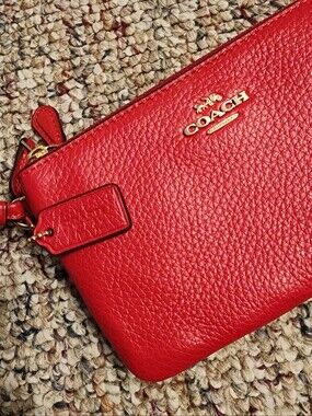 COACH Red Pebbled Leather Wristlet with Gold Logo NWT